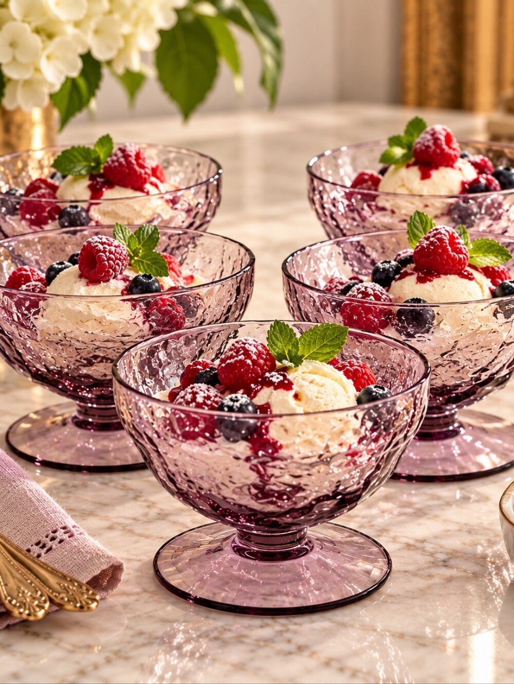 Vintage Morgantown Amethyst Crinkle Glass Footed Sherbet Dessert Bowls Set of 5